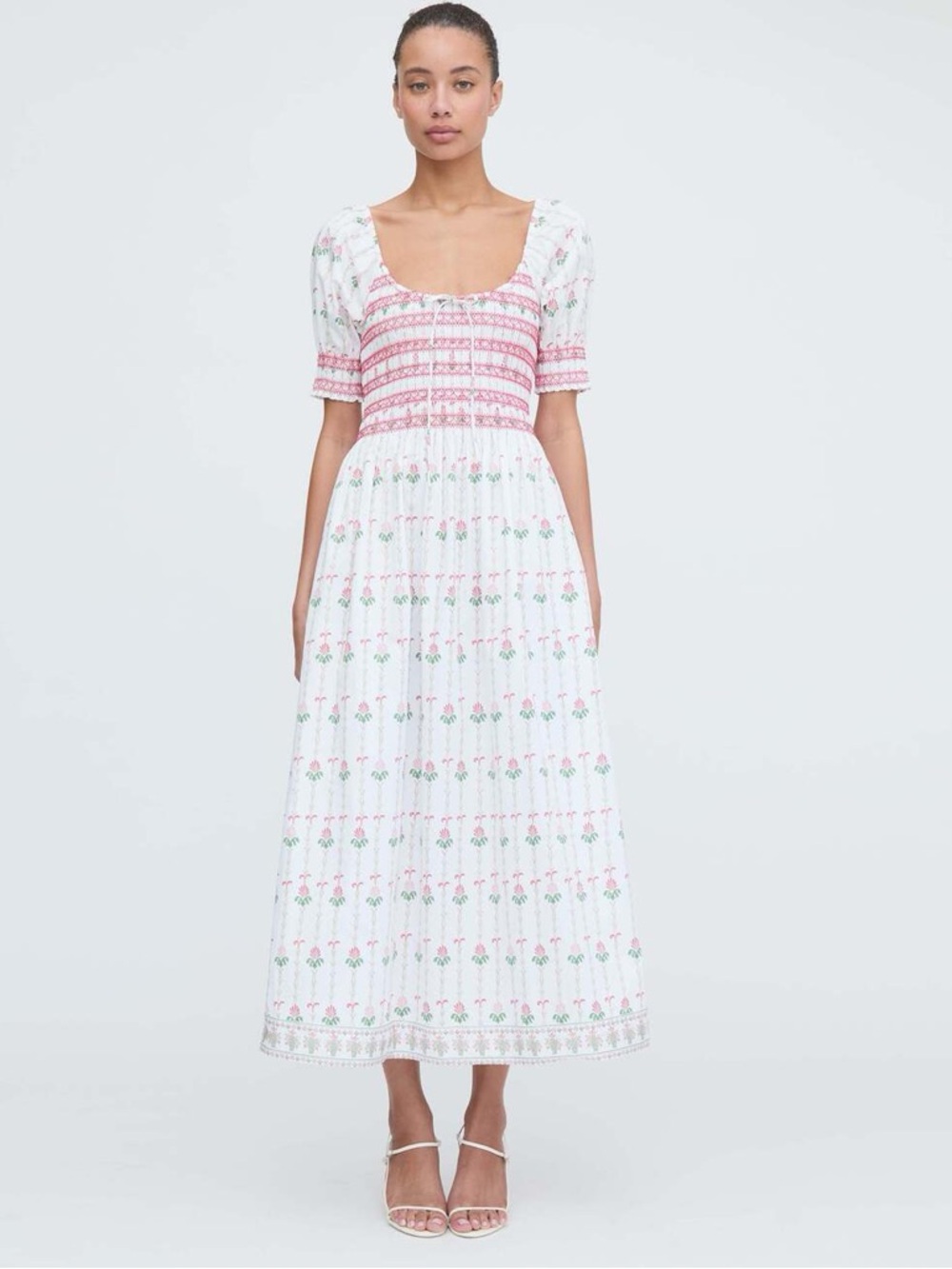 Hill House Floral Smocked Midi Dress in White and Pink